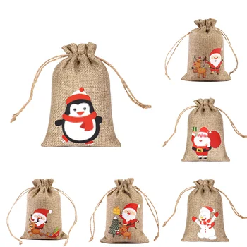 1 шт. Рождественские льняные подарочные пакеты, мешочки на шнурке с принтом Санта-Клауса, Рождественская вечеринка, сумка для конфет, браслеты, пакеты для упаковки ювелирных изделий
