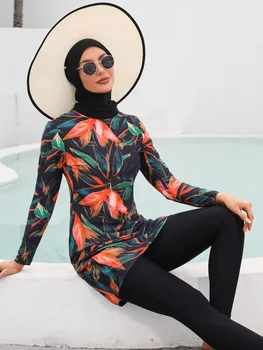 2022 Скромный мусульманский купальник с принтом кленового листа с длинным рукавом, 3шт исламских буркини, купальный костюм