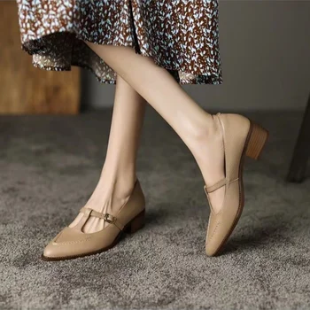 2023 женская обувь, женские туфли-лодочки -T-Stap Mary Janes, женские туфли из натуральной кожи на низком каблуке с квадратным носком, весна-лето