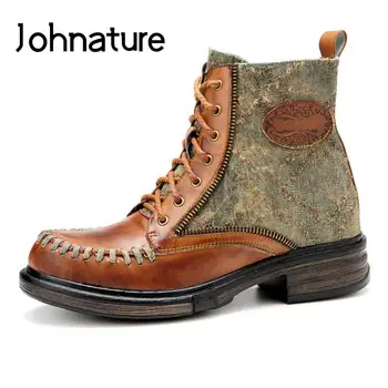 Johnature 2022, Новая обувь из натуральной кожи, женские ботинки с круглым носком, ретро Ручной работы, на молнии, для отдыха, Лаконичные ботильоны на платформе