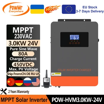 PowMr 3KW 24V Гибридный Солнечный Инвертор Зарядное Устройство 230VAC Выход PV 450VDC С MPPT 80A Солнечный Контроллер Заряда для Литиевой Батареи