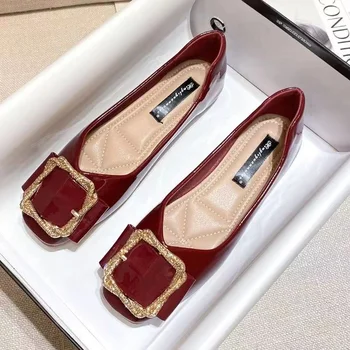 Винно-красные тонкие туфли на плоской подошве с квадратной головкой, женские туфли-бобы из лакированной кожи на мягкой подошве 2023 года, большие женские туфли, модная рабочая обувь