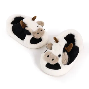 Детские Милые пушистые тапочки с животными для мальчиков и девочек, модные пушистые зимние теплые тапочки, Детская Домашняя хлопчатобумажная обувь с изображением молочной коровы