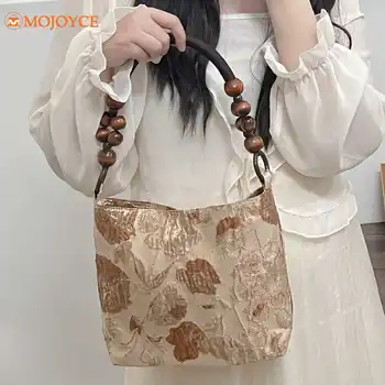 Женская сумка для подмышек из жаккардовой ткани, винтажная сумка для рук, летняя сумка с коричневыми деревянными бусинами, однотонная сумка-тоут в китайском стиле