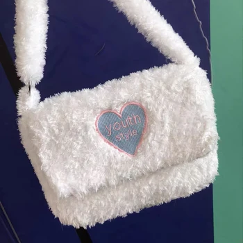 Женская сумка-подушка через плечо с рисунком сердца, пушистая сумка через плечо, однотонная легкая женская зимняя сумка на каждый день