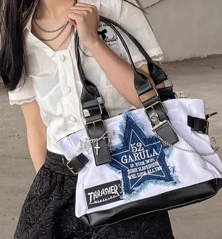 Женская холщовая сумка через плечо в стиле панк-Гранж Y2K в стиле Харадзюку, джинсы с перекрестной цепочкой, Звездная сумка, готическая Уличная одежда, сумка-тоут