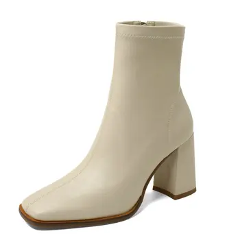 Женские ботильоны 2024 года на толстом высоком каблуке с квадратным носком на молнии, женская рабочая обувь из эластичной кожи, размер 34-40