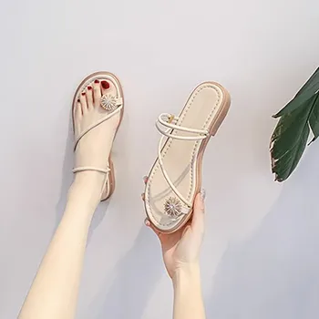 Женские сандалии на плоской подошве, Лето 2023, Удобные Тонкие Двойные женские сандалии, уличная одежда, Женская обувь в помещении.