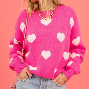 Женский свитер с круглым вырезом, вязаный пуловер в виде сердца на день Святого Валентина, джемпер, топы