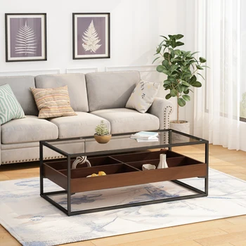 Журнальный столик из прямоугольного стекла 47,24 дюйма с полкой для хранения и металлическими ножками для стола, домашняя мебель для гостиной