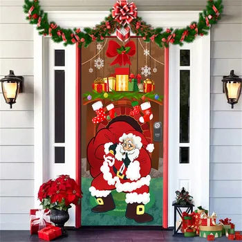 забавное Рождественское украшение дверной крышки Санта-Клаус приветствует вас На открытом воздухе Подвесная ткань Атмосфера праздничной вечеринки Занавес # F