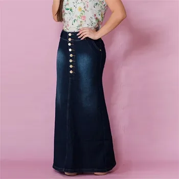 Кнопка повседневная женская передний мыть джинсовые юбки А-силуэта длинные джинсовая юбка винтажный выбеленный синий обычная джинсовая юбка макси-линии джинсы