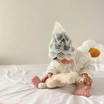 Корейская кружевная шапочка для новорожденных, Белая Шляпка принцессы с цветочной вышивкой, Летняя Шляпка с дышащей сеткой для новорожденных, Реквизит для фотосъемки девочек
