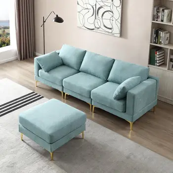Модульный диван бирюзового цвета из 3 частей с подставкой для ног, секционный диван, трансформируемый в 3-местный или кресло, золотистые ножки и 2 подушки