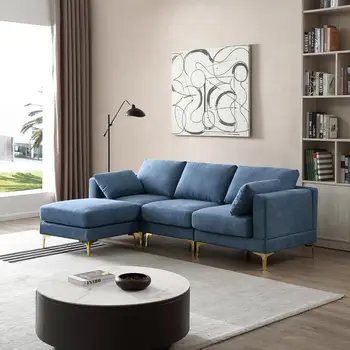 Модульный диван синего цвета из 3 частей с подставкой для ног, Секционный диван, Трансформируемый в 3-местный или Кресло, Золотистые Ножки и 2 Новые Подушки