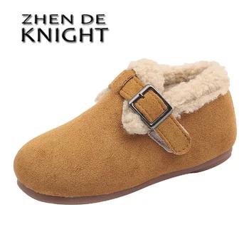 Новинка зимы 2023 года, детская хлопчатобумажная обувь, плюшевая теплая кожаная обувь для девочек, повседневная обувь на плоской подошве для маленьких детей