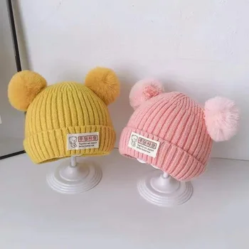 Однотонная детская Вязаная шапка, новые Плюшевые шапочки-бини от 0 до 3 лет, Мягкая зимняя шапка для мальчиков и девочек