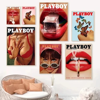 Ретро Модный плакат Play Boy Цветы Кролик Очки Бабочки Красные губы Холст Живопись Принты Настенное искусство Картина Домашний декор
