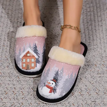 Рождественские Зимние теплые тапочки Для пар, домашняя нескользящая хлопчатобумажная обувь, Женские Мужские домашние тапочки на платформе со снеговиком, женские пушистые тапочки