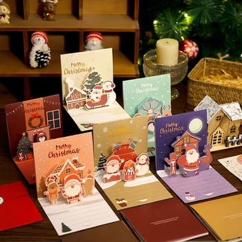 Рождественские Поздравительные открытки 3d Всплывающий мультфильм Санта Клаус Снеговик Лось Бумажные открытки Рождественская вечеринка Благословляющие открытки Фестивальные подарки