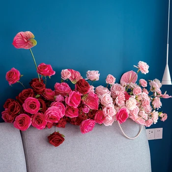 Розовая роза, гортензия, диван, настольная дорожка, Цветочная композиция, свадебный фон, стол для мероприятий, цветы, реквизит для вечеринки, витрина