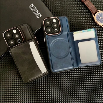 Роскошный кожаный бумажник, держатель для карт, чехол для телефона iPhone 15 11 12 13 14 Pro Max Plus для магнитной беспроводной зарядки Magsafe