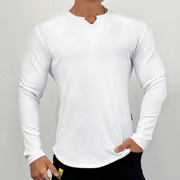 Спортивная мужская футболка для фитнеса с длинным рукавом, V-образный шаговый тренинг, однотонная быстросохнущая дышащая рубашка для похудения мышц, M-3XL