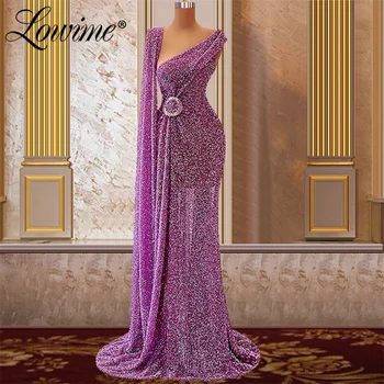 Фиолетовые бусины С длинным рукавом на одно плечо Дубайский дизайн Арабские Вечерние платья Плюс Размер Русалка Свадебное платье 2022 Халаты