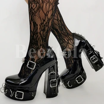 Черные сексуальные женские туфли-лодочки с заклепками на платформе и массивном каблуке, пряжка ремня Круглая Носок С Ремешком С пряжкой В Готическом стиле в стиле Панк Женская Обувь Плюс Размер 47