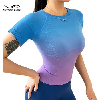 Эластичная облегающая спортивная футболка Mermaid Curve, женская летняя новинка, Градиентный цвет, Быстросохнущий топ для фитнеса и йоги с коротким рукавом